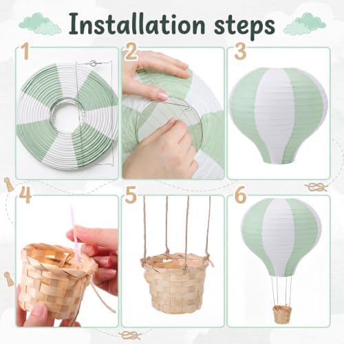 Meooeck 6 Pcs Hanging Hot Air Balloon Decorations Paper Lanterns 12 Inch Reusable Hot Air Balloon Decor Paper Lanterns Set for DIY Craft Wedding Birthday Christmas Home Living Room (Sage Green White) - Image 3
