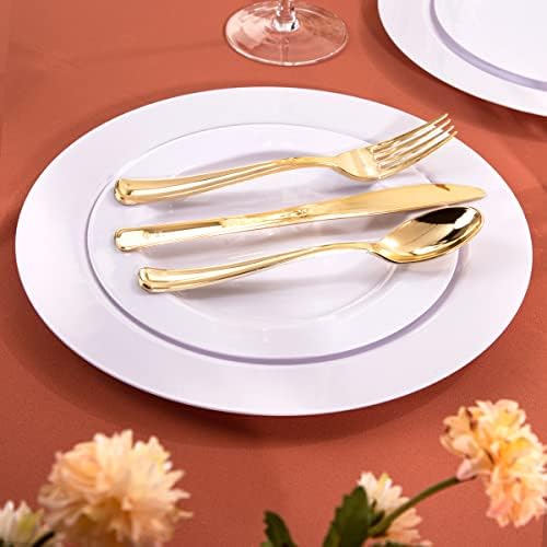 U-QE 150PCS White Plastic Plates with Gold Cutlery - Include 60 Dinner and Dessert Plates, 30 Forks, 30 Knives, 30 Spoons, Ideal for Wedding and Party - Image 4