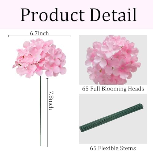 65Pcs Pink Hydrangea Artificial Flowers Bulk，Realistic Silk Fake Flowers with Stems，Faux Hydrangea Flowers for Wedding Home Decor Centerpieces Living Room Garden Party Baby Shower Decoration - Image 3