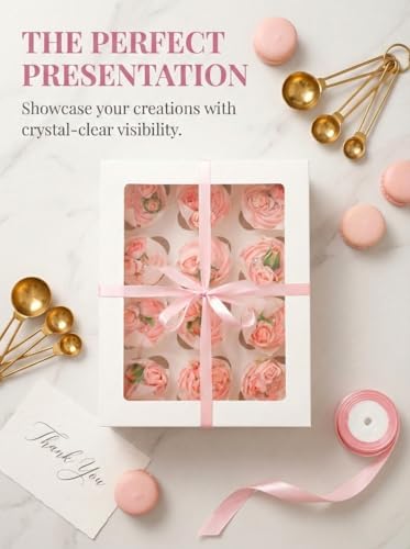 qiqee Auto-pop Up Cupcake Boxes with Window White 40PCS 12 Count Cupcake Box 13"x10"x3.5" Cupcakes Carrier, 12 Cupcake Containers with 2 rolls of pink ribbons - Image 6