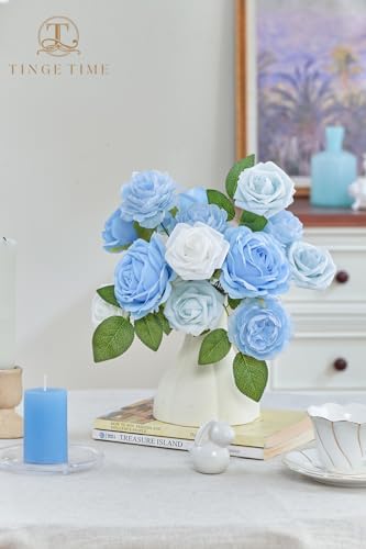 TINGE TIME 23pcs Artificial Wedding Flower Combo, Rose Peony Light Blue - Image 4