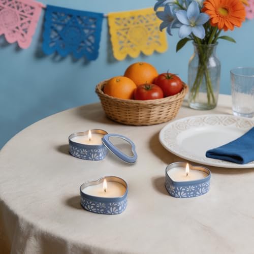 48 Pcs Blue Mexican Heart Shaped Tins with Clear Lids Organza Bags Thanks Cards De Barro Mexicanos Empty Candle Candy Boxes Cielito Lindo Party Decorations for Wedding Gifts Fiesta Party Favors - Image 5