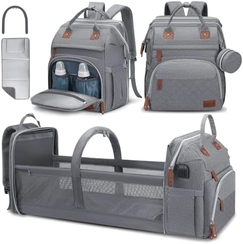 DERJUNSTAR Diaper Bag Backpack – Large Capacity Baby Diaper Bag with Changing Pad, Waterproof Travel Backpack for Boys & Girls, Multi-Function Baby Bag with USB Charging Port, Grey by Derjunstar