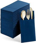50-Pack Disposable Linen-Feel Dinner Napkins With Built-in Flatware Pocket, BLUE Prefolded Cloth Like Paper Napkins For Wedding, Dinner Or Party by SERVIETTO