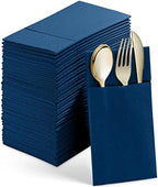 50-Pack Disposable Linen-Feel Dinner Napkins With Built-in Flatware Pocket, BLUE Prefolded Cloth Like Paper Napkins For Wedding, Dinner Or Party by SERVIETTO