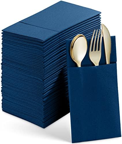 50-Pack Disposable Linen-Feel Dinner Napkins With Built-in Flatware Pocket, BLUE Prefolded Cloth Like Paper Napkins For Wedding, Dinner Or Party by SERVIETTO