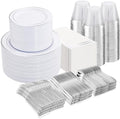 NOCCUR 700PCS Silver Plastic Plates Disposable for 100 Guests - Include 100 Dinner/Dessert White Plastic Plates with Silver Trim,300 Cutlery,100 Cups,100 Napkins for Party&Wedding by NOCCUR
