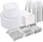 NOCCUR 700PCS Silver Plastic Plates Disposable for 100 Guests - Include 100 Dinner/Dessert White Plastic Plates with Silver Trim,300 Cutlery,100 Cups,100 Napkins for Party&Wedding by NOCCUR