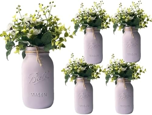 Set of 5 - Lavender Mason Jar with Flowers – 32 oz Light Purple Baby Shower Centerpiece – Rustic Mason Jar Vase – Lilac Floral Decor for Girl Baby Showers (5 Lavender w/Greenery/Ivory) by VivasFlowerShop