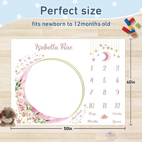 Custom Name Baby Milestone Blanket - Baby Milestone Monthly Blanket with Double Sided for Boy Girl Baby Photography Props - Pink Moon Print Gifts for Kids Infant (FixedSize) - Image 3
