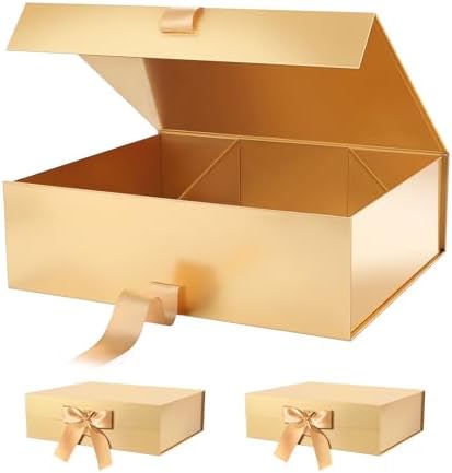 PACKHOME 3 Extra Large Gold Gift Boxes Ribbon Magnetic Lids 17x14.5x5.5in by PACKHOME