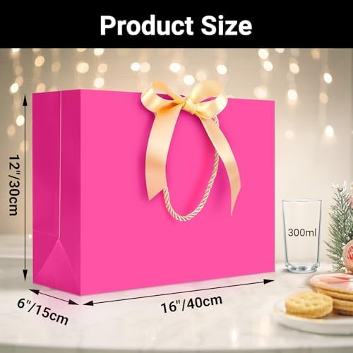 EUSOAR Gift Bags with Handles, 25pcs 16"x6"x12" Hot Pink Large Paper Thank You Gift Bags with Ribbon, Gift Wrap Treat Bags for Wedding Party Favors Grocery Baby Showers Bridesmaid Birthdays - Image 2