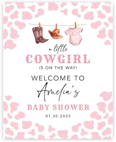 Andaz Press A Little Cowgirl Baby Shower Decorations, Personalized Little Cowboy Baby Shower Sign Custom Western Baby Shower Sign In Guest Book Alternative Pink 16"x20" Canvas Welcome Baby Shower Sign by AndazPress