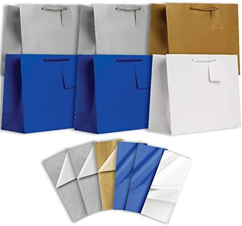 Jillson Roberts Hanukkah Gift Bags with Coordinating Tissue, Gift Wrapping Supplies, Silver/Gold/Royal/White, Large-6 Count by JillsonRoberts