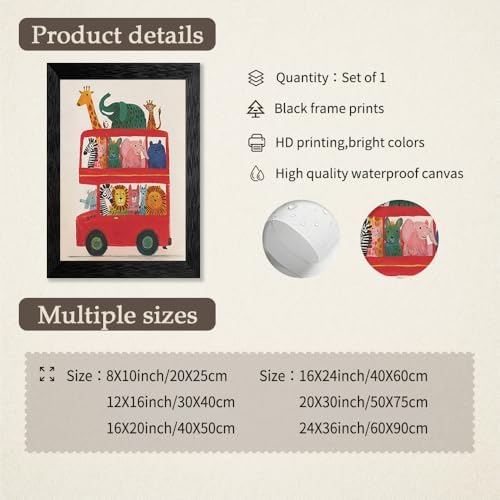 Black Framed Cute Colorful Animal Canvas Wall Art Modern Funny Kids Posters Safari Animals On Red Bus Scene Prints For Toddler Bedroom Nursery Wall Decor 12x16 inch - Image 2