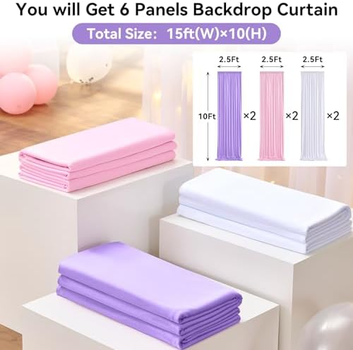 15×10 FT Pink Purple White Backdrop Curtains for Princess Birthday Parties, 6 Panels 2.5×10ft Wrinkle Free Soft Polyester Photo Backdrop Drapes for Girls Themed Party Baby Shower Background - Image 2
