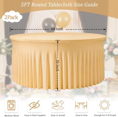 2 Pack Champagne Round Spandex Tablecloths, 5FT/60In Stretchy Table Cloth with Skirt, Washable Fitted Tablecloth, Circle Wrinkle Free Table Cover for Wedding Party Dining Banquet Event - Image 3
