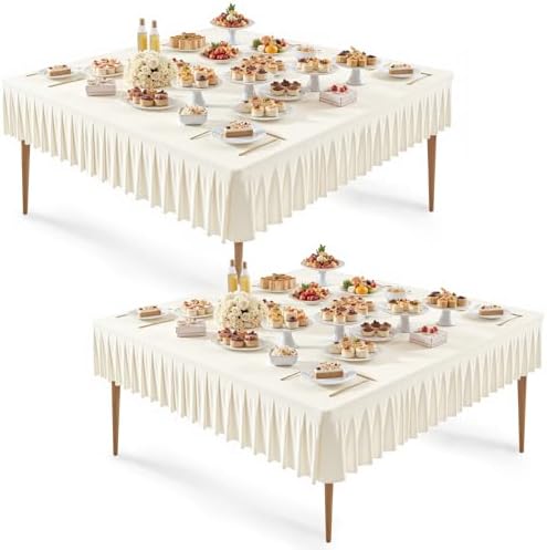Wish Care 2 Pack Ivory Spandex Tablecloths for 60x60 Inch Square Tables, Stretch Fitted Table Clothes with Pleated Ruffle Skirt for 60” Table, Wrinkle Free and Elastic, for Party Kitchen Home Dining by WishCare