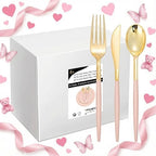 I00000 144 Pink Plastic Silverware, Fancy Gold Silverware with Pink Handle by I00000