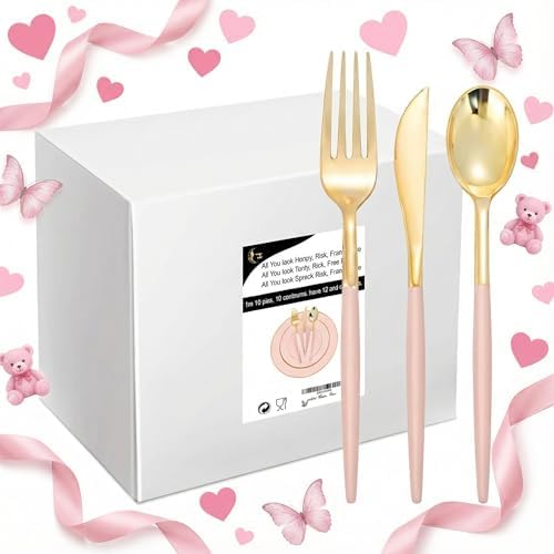 I00000 144 Pink Plastic Silverware, Fancy Gold Silverware with Pink Handle by I00000