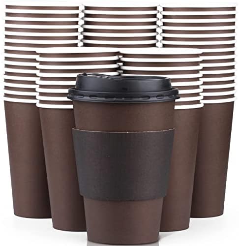 Promora 8 oz Brown Disposable Coffee Cups with Lids & Sleeves, Hot Coffee Cup Sleeves Disposable, Premium Insulated To Go Coffee Paper Cups with Lids & Sleeves (8 oz, Pack of 200) Brown and Black by Promora