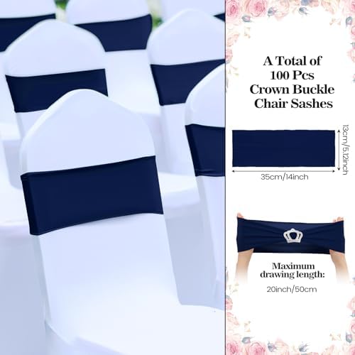 VitalCozy 100 Pcs Spandex Chair Sashes with Crown Buckle,Navy Blue - Image 2