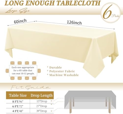 6 Pack Tablecloth 60 x126 inch Polyester Table Cloth for 8 Foot Rectangle Tables,Stain and Wrinkle Resistant Washable Fabric Table Covers Polyester Beige Table Clothes for Wedding,Party,Banquet - Image 2