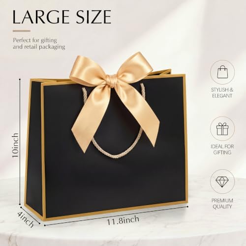 Silkfly 24 Pcs Paper Gift Bags with Handles & Bow Ribbon, Black, Gold - Image 2