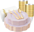 NOCCUR 175PCS Purple Plastic Plates with Gold Disposable Silverware - Include 50 Lavender and Gold Plastic Plates,25 Knives,25 Forks,25 Spoons,25 Cups and 25 Napkins - Wedding/Party/Spring by NOCCUR