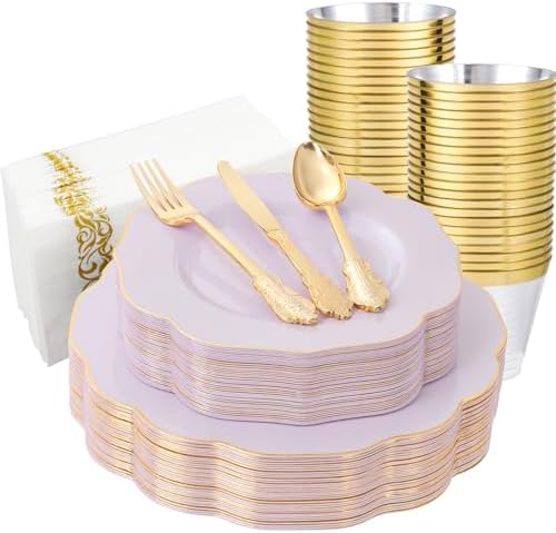 NOCCUR 175PCS Purple Plastic Plates with Gold Disposable Silverware - Include 50 Lavender and Gold Plastic Plates,25 Knives,25 Forks,25 Spoons,25 Cups and 25 Napkins - Wedding/Party/Spring by NOCCUR