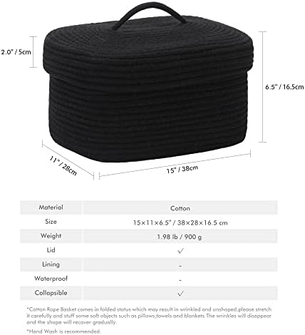 Sea Team Oval Storage Basket, Woven Cotton Rope Basket with Lid, Black - Image 4