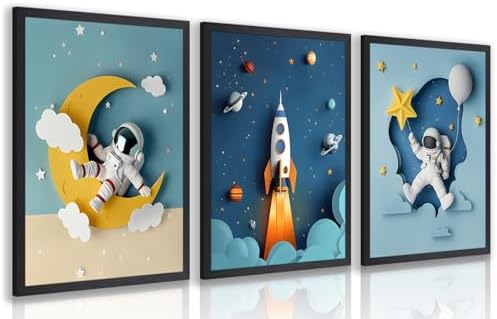 PORENY Astronaut Nursery Wall Art Set of 3, Rocket Moon Planet Canvas Prints, Cute Outer Space Nursery Decor, Space Theme Kids Room Artwork for Baby Boys Girls Bedroom Wood Framed 16x24 Inch by Unknown