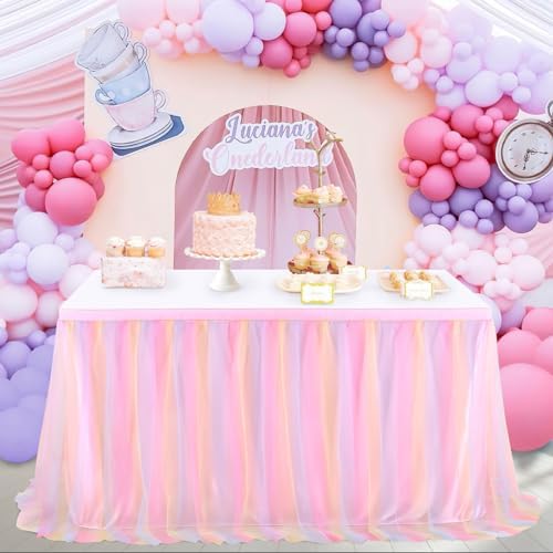 Pastel Rainbow Pink Table Skirt Ruffle Mermaid Party Tablecloth for Rectangle Table Tables or Round Tables 9ft Birthday Party Baby Shower Decorations - Image 2
