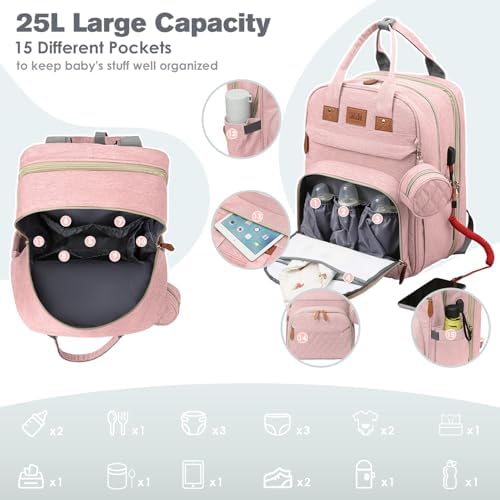 JSTPRO Large Diaper Bag Backpack with Changing Station, Pink - Image 2