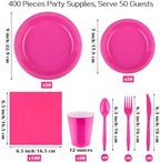 Aodaer 400 Pieces Hot Pink Party Supplies Disposable Dinnerware Set Include Plastic Plates Cups Knives Forks Spoons Paper Napkins for Birthday Wedding Graduation Parties, Serve 50 Guests - Image 2