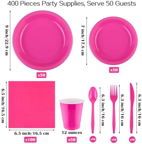 Aodaer 400 Pieces Hot Pink Party Supplies Disposable Dinnerware Set Include Plastic Plates Cups Knives Forks Spoons Paper Napkins for Birthday Wedding Graduation Parties, Serve 50 Guests - Image 2