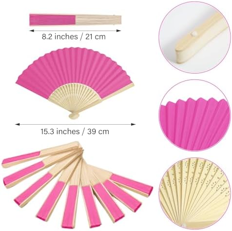 50 Pieces Paper Fans Paper Hand Fan Bamboo Folding Fan Handheld Fan Paper Folded Fan Paper Fan for Wedding Party and Home Decoration (Hot Pink) - Image 2