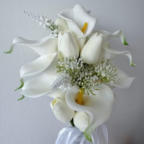 Floral Bouquet 10 Artificial Calla Lilies with 8 Artificial Tulip Flowers, Bridesmaid Bouquet with Wedding Ceremony Festivals Anniversary Bridal Rehearsal Party Bar Table Decor (White) - Image 4