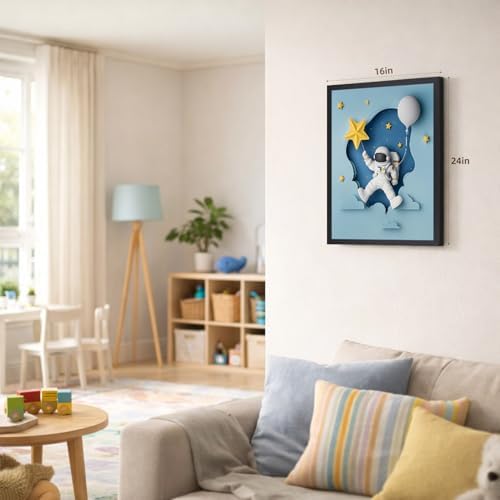 PORENY Astronaut Nursery Wall Art Set of 3, Rocket Moon Planet Canvas Prints, Cute Outer Space Nursery Decor, Space Theme Kids Room Artwork for Baby Boys Girls Bedroom Wood Framed 12x16 Inch - Image 2