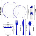 SUT 175 Pcs Blue and Clear Plastic Dinnerware Set for 25 Guests, Include: 25 Dinner Plates, 25 Dessert Plates, 25 Pre Rolled Napkins With Silverware, 25 Cups, Disposable Plates for Party, Wedding - Image 2