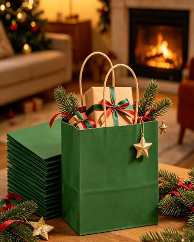 qiqee 100PCS Gift Bag with Handles Bulk Kraft Deep Green Paper Bags Multiple Uses (8.3"x3"x6"inch Small Size) - Image 6