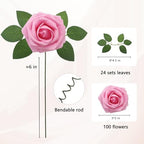 100PCS Dark Pink Artificial Flowers Realistic Roses, Real Looking Fake Roses with Stem for DIY Wedding Bouquets Centerpieces Bridal Shower Party Home Romantic Decorations (Dark Pink, 100pcs) - Image 2