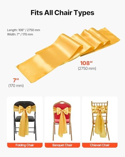 VEVOR Satin Chair Sashes Bows, Chair Ribbon Ties Back Sash, 7 x 108 inch, Wedding Reception Decoration, for Wedding Ceremony Baby Shower Party Events Banquet Cover Decoration (Gold, 100pcs) - Image 6