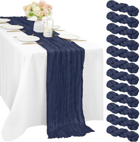 12 Pieces Navy Blue Cheesecloth Table Runners 10FT Gauze Fabric Runner for Tables Boho Table Runner Decoration Rustic Sheer Runner for Wedding Birthday Baby Bridal Shower Party (35 x 120 Inches Long) by Sunnyline
