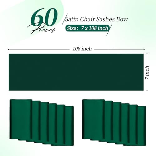 YMHPRIDE 60 PCS Emerald Green Satin Chair Sashes,7x108 Inch Ties Chair Bows - Image 2
