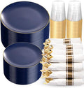 KIRE 350Pcs Blue and Gold Plates -Heavy Duty Navy Blue Dinnerware Set - 100 Plastic Plates 50 Pre Rolled Napkins with Gold Plastic Silverware 50 Cups for Party/Wedding/Birthday by KIRE
