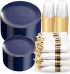 KIRE 350Pcs Blue and Gold Plates -Heavy Duty Navy Blue Dinnerware Set - 100 Plastic Plates 50 Pre Rolled Napkins with Gold Plastic Silverware 50 Cups for Party/Wedding/Birthday by KIRE