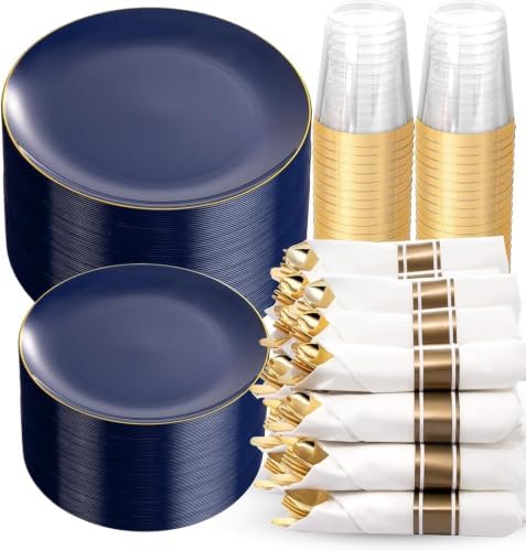 KIRE 350Pcs Blue and Gold Plates -Heavy Duty Navy Blue Dinnerware Set - 100 Plastic Plates 50 Pre Rolled Napkins with Gold Plastic Silverware 50 Cups for Party/Wedding/Birthday by KIRE