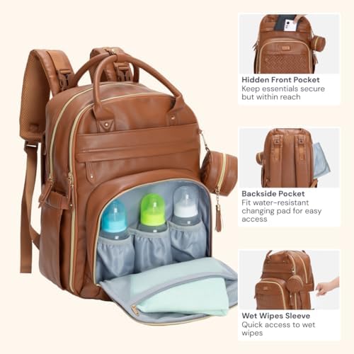 BabbleRoo Leather Diaper Bag Backpack - Baby Essentials Travel Baby Bag, Multi function, Water Resistant, with Changing Pad, Stroller Straps & Pacifier Case – Unisex, Natural Brown - Image 6