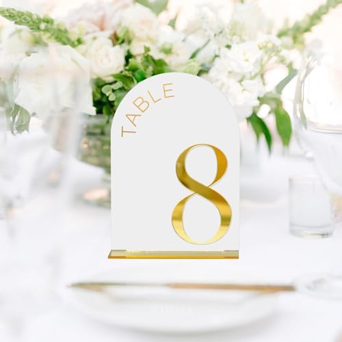 White Arch Wedding Table Numbers 1-20, Gold Numbers and Stands - Image 4